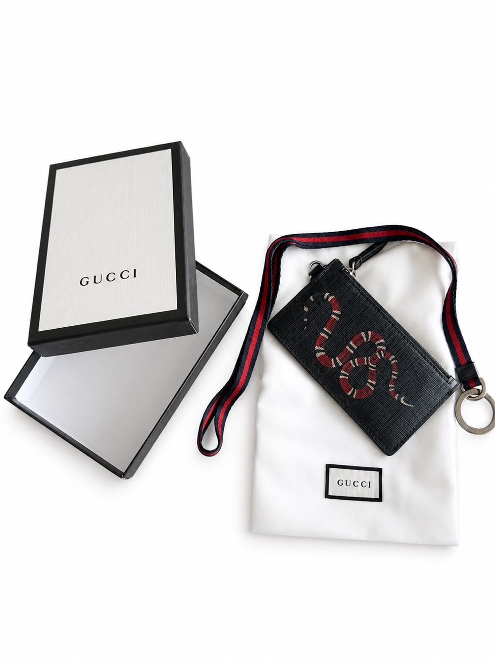 Gucci Black Card Case with Red & White Snake and Navy-Red Web Strap